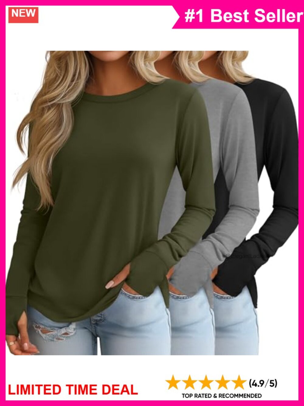 Womens Long Sleeve Cotton Blend Shirts with Thumb Holes 3 Pack Crew Neck Tunics